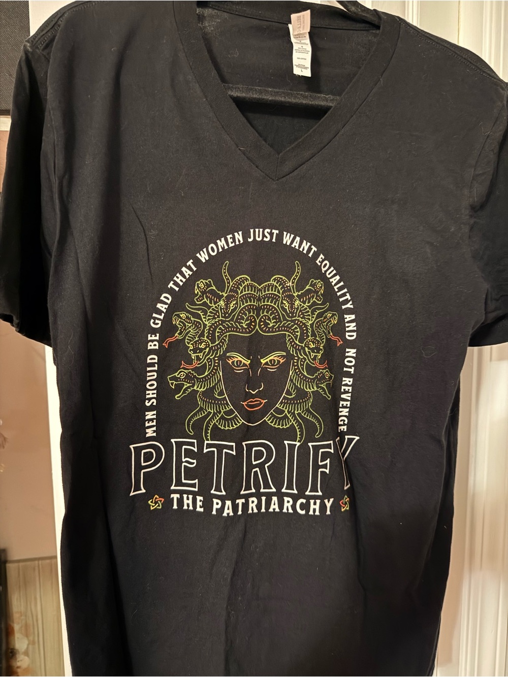 Petrify The Patriarchy Medusa Black Feminist Large V neck Graphic Tee